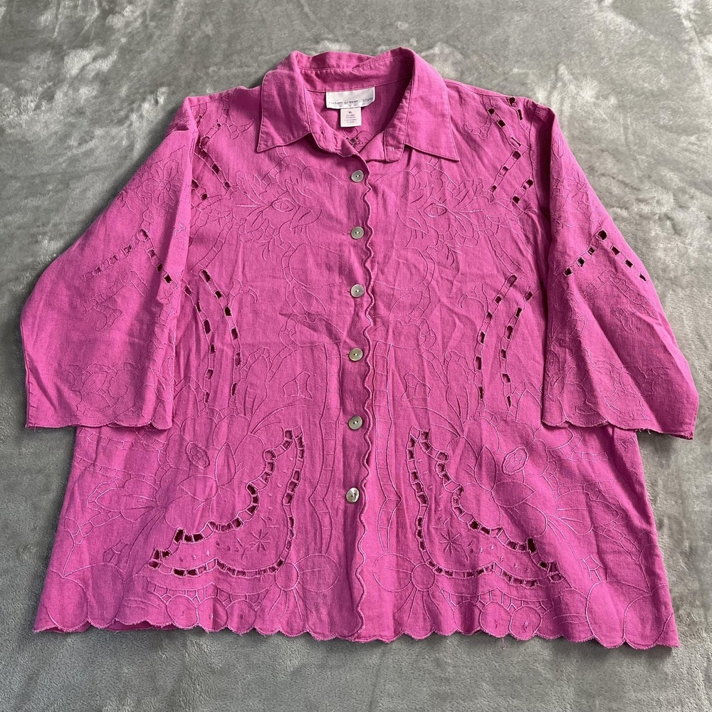 Susan Graver Blouse Womens XL Pink Linen Blend Embroidered Cutout Tunic Top Boho